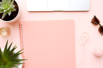 modern header/hero image or banner with laptop computer, smartphone, air plant, open notebook and feminine accessories on a bright blush background, home office scene, flat lay / top view