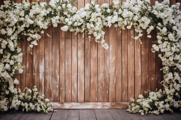 Sticker - Celebrating Spring Delight. Wooden Background Enhanced by Blooming Flowers and Leaves