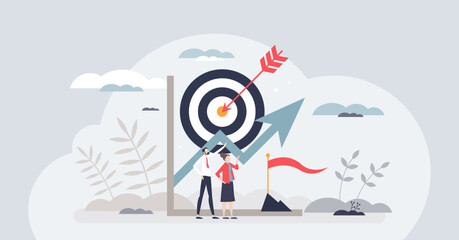 Goal setting for measurable business target achievement tiny person concept. Smart strategy and plan for successful objective reaching vector illustration. Company development and vision management.