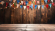 © ximich_natali - Wooden dark empty table top showcase with festive flags, empty bokeh background