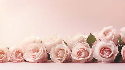 Wall Mural - Decorative web banner. Close up of blooming pink roses flowers and petals isolated on white table background. Floral frame composition. Empty space, flat lay, top view. Generative ai