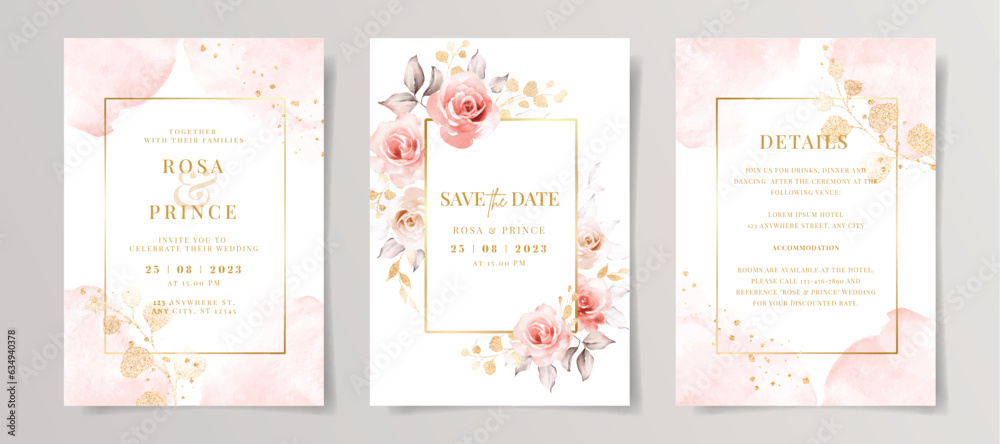 Set of watercolor wedding invitation card template with pink floral and ...