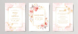 Fototapeta Boho - Set of watercolor wedding invitation card template with pink floral and leaves decoration