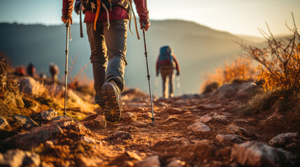 Wall Mural - focus on shoes of cropping, people hiker in the mountains