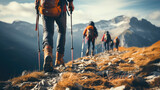 Fototapeta Góry - focus on shoes of cropping, people hiker in the mountains.