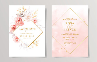 Wall Mural - Set of watercolor wedding invitation card template with pink floral and leaves decoration