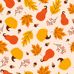 Poster - Colorful seamless pattern of autumn pumpkins,  seasonal leaves and acorns. Ripe juicy pumpkins and falling leaves. Vector illustration.