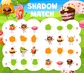 Poster - Find the shadow match of cartoon candy, pastry and cake characters. Kids game vector worksheet with jelly pudding, cupcake, macaroon and pie. Cheesecake, muffin, baba confection personage silhouettes