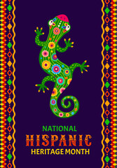 Wall Mural - Lizard at ethnic ornament, national hispanic heritage month flyer or banner with captivating folk motif and cartoon reptile, symbolizing Spanish community cultural richness, traditions, diversity