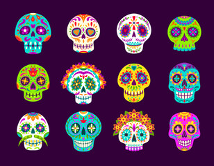 Wall Mural - Dia de los muertos mexican calavera sugar skulls. Day of the dead holiday. Cartoon vector set of male and female craniums with floral pattern. Traditional Mexico festival symbols for Death celebration