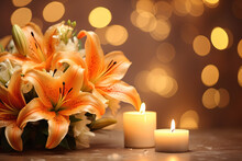 Funeral. Beautiful Lilies And Burning Candle On Light Blurred Background, Bokeh Effect