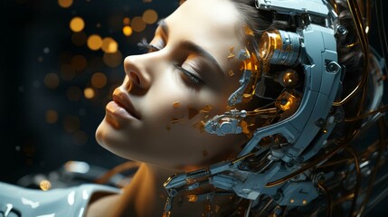 Poster - Connection of human woman and artificial intelligence robot. The concept of merging a person and a computer with neural networks in the future. AI generated