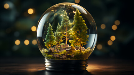 Poster - Green trees and plants in the glass sphere of a light bulb. The concept of green environmentally friendly alternative energy and ecology. AI generated