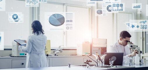 Poster - Multinational researchers working in lab and digital data concept.