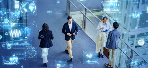 Aufkleber - Digital technology concept with multinational people meeting in lobby.