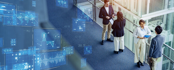 Poster - Digital technology concept with multinational people meeting in lobby.