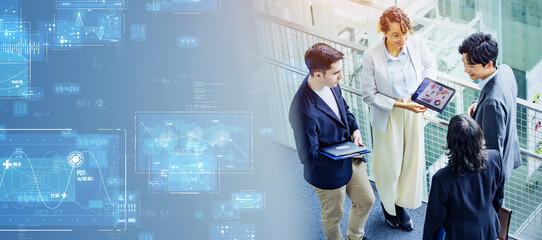 Poster - Digital technology concept with multinational people meeting in lobby.
