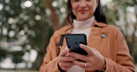 Poster - hands, typing and woman outdoor with phone for social media, communication and chat, email or post o