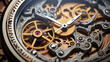 Gears and cogs in clockwork watch mechanism. Craft and precision - elegant detailed stainless steel and metal.