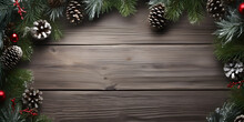 Wreath Christmas With Fir Branches And Cones On Wooden Background, AI Generate