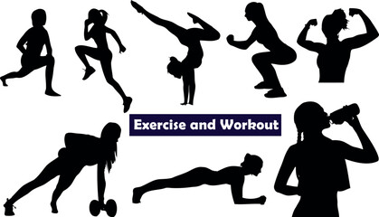 vector illustration of people exercising and working out  silhouettes on a white background. The silhouettes show various exercise positions  running, lifting weights, doing push-ups, and doing yoga.