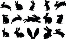 白い背景に黒いウサギのシルエットが15匹、さまざまなポーズで描かれたベクターイラストです。ウサギはかわいくてシンプルです。この画像は春やイースターのプロジェクトにぴったりですし、自然の喜びを祝うプロジェクトにも最適です。

