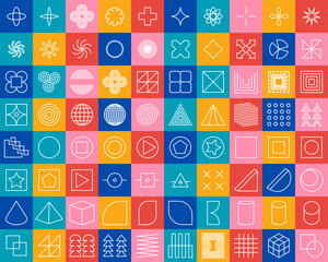 Aufkleber - Big set of geometric shapes inspired by different art styles like abstract, brutalist, y2k, swiss, modernist. Unfilled outline shapes in colored squares
