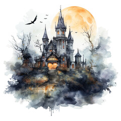 halloween castle. watercolor castle on transparent background. generative ai