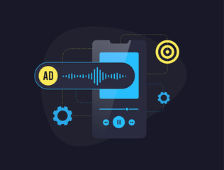 Poster - digital audio advertising concept. programmatic audio content in podcast, audiobooks, signature tune