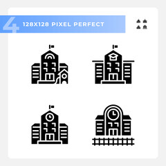 Poster - 2D pixel perfect glyph style icons set representing various buildings, silhouette illustration.