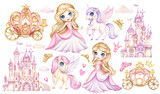 Fototapeta Paryż - Fairytale watercolor clipart little princess, castle and unicorn. Set of hand drawn illustration of cute fairy tale girl, kingdom, magic pony and carriage in cartoon style isolated on white background