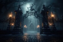 Gate With Halloween Theme Background. Scary Cemetery Gate. Generative AI