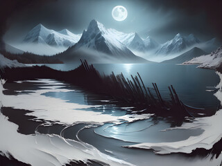 Wall Mural - Moonlight Lake with Swans, oil-paint effect, Generative AI Illustration