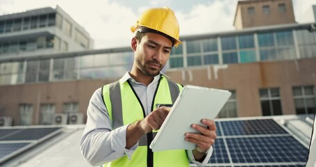 Canvas Print - Asian man, architect and tablet in solar panel, inspection or construction maintenance on rooftop. Male person, contractor or engineer working on technology in quality control or renewable energy