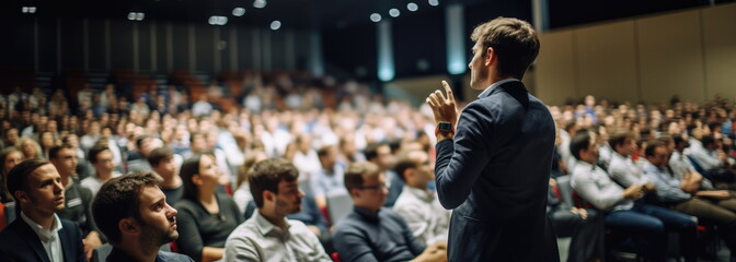 a speaker giving a lecture to an audience in an auditorium, or hall. a seminar. hand edited generati