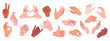 © spirka.art - Set of hands in doodle style isolated human arms. Vector different man woman hands showing peace sign, heart, thumb up.