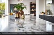 © The 2R Artificiality - Close up image of a modern kitchen island with a blurred background, featuring a marble table top.
