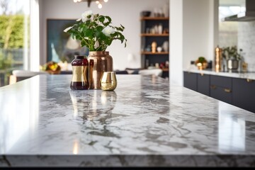 Wall Mural - Close up image of a modern kitchen island with a blurred background, featuring a marble table top.
