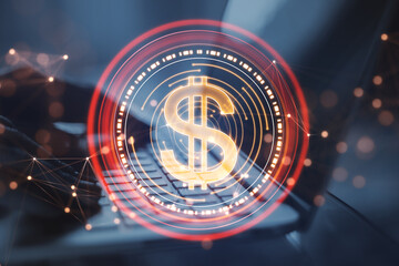 Poster - Close up of hands using laptop computer with abstract red digital dollar coin with polygonal bokeh mesh on blurry background. Online banking and trade concept. Double exposure.