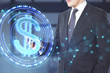 Poster - Headless young businessman using cellphone with abstract blue digital dollar coin with polygonal bokeh mesh on blurry office background. Online banking and trade concept. Double exposure.