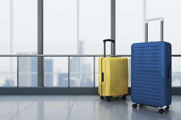 Poster - Closeup of yellow and blue plastic suitcases in empty airport corridor hall with concrete floor and city skyline view background from big mat window. 3D rendering