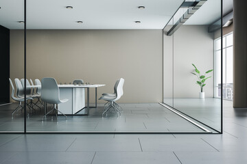 Poster - Clean glass meeting room interior with furniture, equipment and window with city view. 3D Rendering.