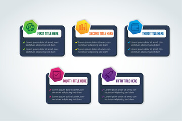 Poster - dark blue gradient background vector illustration. Infographic template with five elements, hexagons, rectangle. Designed for business, presentations, web design, diagrams, training with 5 steps.