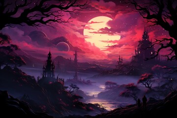 fairy-tale scenery in a purple sunset