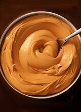 Sample Close-up Top View Of Caramelized Peanut Butter, Monochrome, Swirling Swirls. Generative Ai Content.