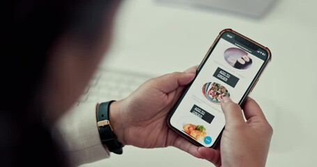 Poster - Person, phone and hands scrolling for food delivery, online order and customer shopping for lunch, meal or takeout at work. Mobile app, menu and hungry employee with choice or decision of dinner