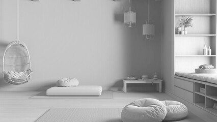 Wall Mural - Total white project draft, minimal meditation room, pillows, tatami mats and hanging armchair. Wooden beams and parquet floor. Japanese interior design