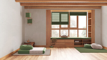 Wall Mural - Japandi meditation room in white and green tones, pillows, tatami mats and sitting window. Wooden beams and parquet floor. Minimalist interior design