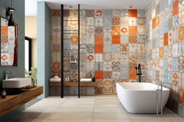 Wall Mural - Colorfull design for interior home decor or ceramic 3d tiles design mixed with wall art.