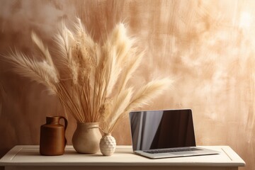 Canvas Print - Boho styled office interior design with laptop on table, pampas grass bouquet, and copy space.